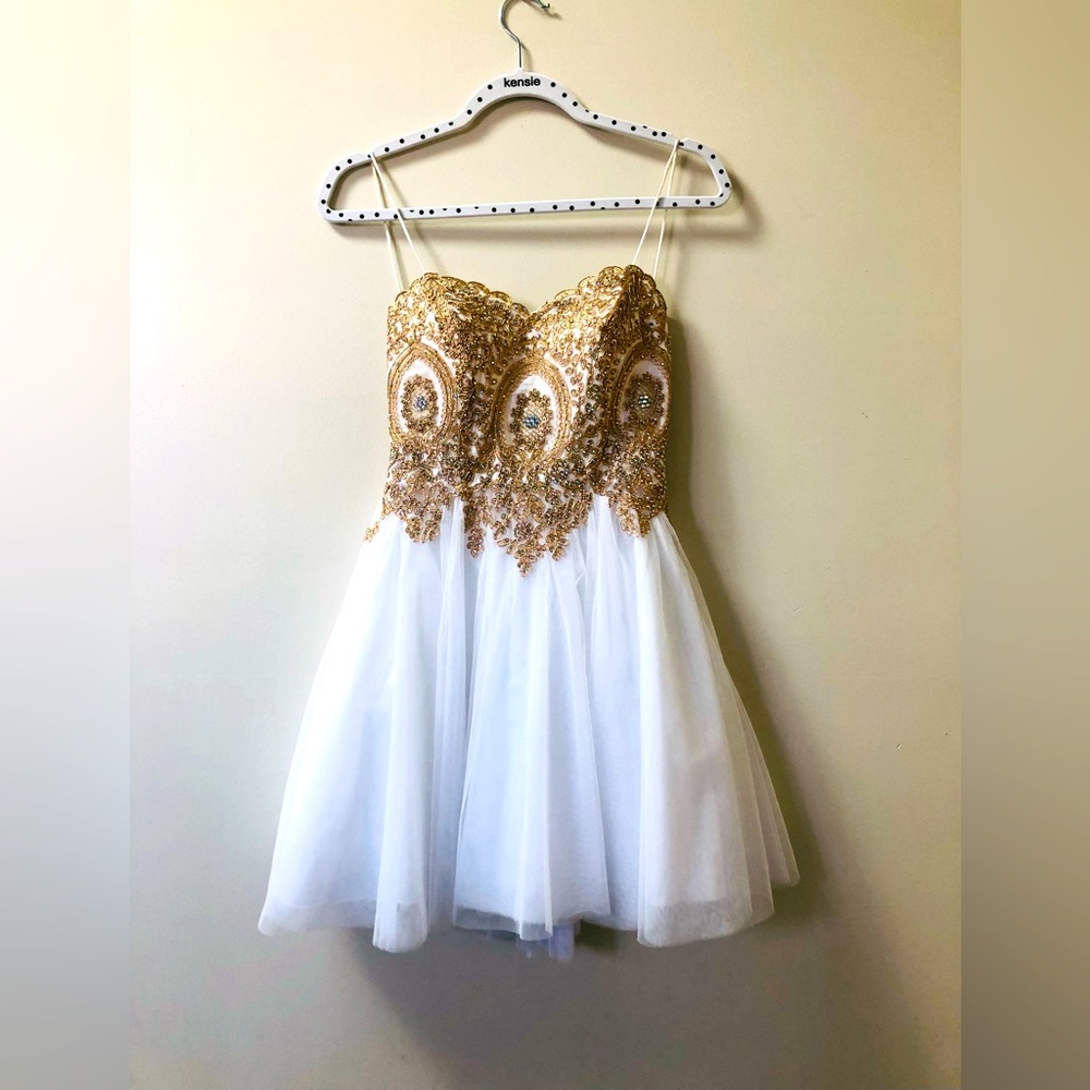 Gold Embellished White Prom Dress, size 0